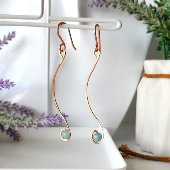 Handmade Copper Wire Wrapped Blue Aventurine Earrings - Elegant, Minimalist - Picture 1 of 7